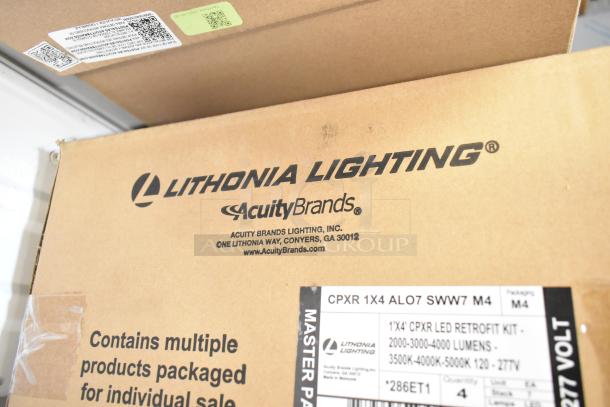 BRAND NEW SCRATCH AND DENT! Lithonia Lighting CPXR 1X4 ALO7 SWW7 M4 LED Retrofit Kit box with product details.