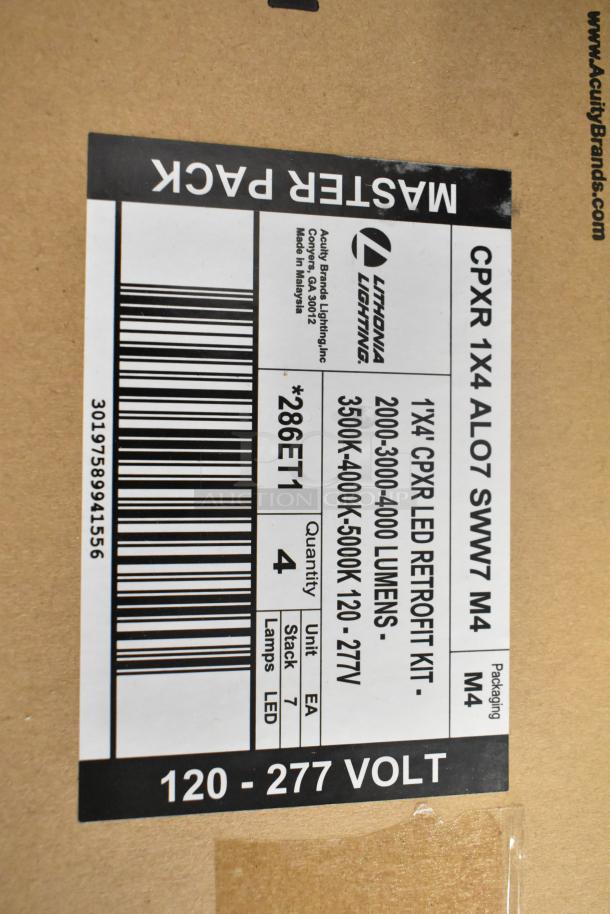 "BRAND NEW SCRATCH AND DENT! Lithonia Lighting CPXR 1X4 ALO7 SWW7 M4 LED Retrofit Kit label, 2000-4000 lumens, 3500K-5000K."
