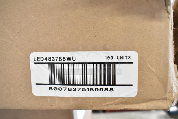 Box of Lithonia Lighting DSXF3 LED 6 P2 50K 70CRI lights, labeled "LED483788WU", 100 units. New scratch and dent condition.