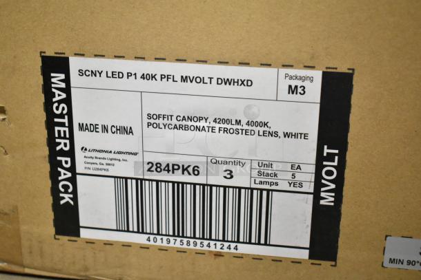Brand new, scratch and dent Lithonia Lighting SCNY LED P1 40K PFL MVOLT soffit canopy light, 4200LM, 4000K, polycarbonate frosted lens.