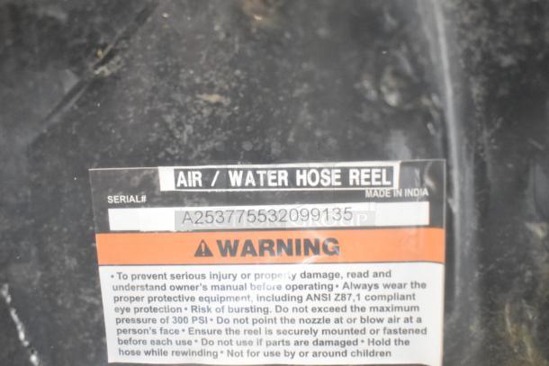 BRAND NEW Regency 600HRPC38100 open powder-coated steel air/water hose reel, 100' x 3/8" hose, serial #A253775532099135.