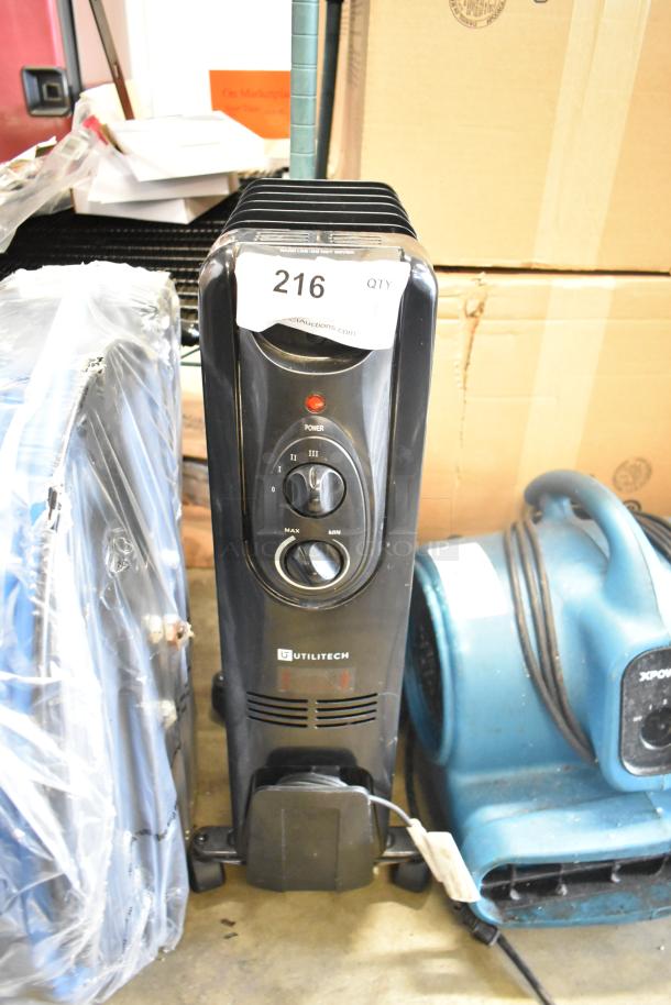 Utililtech CYWE08-7 oil-filled radiator. Black, 120V, 1 phase. Features adjustable thermostat, three heat settings.