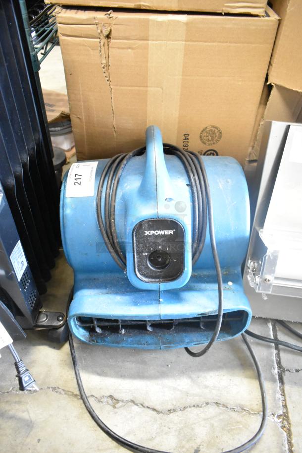 Xpower P-400 Air Mover Floor Fan, 115 Volts, 1 Phase, blue, with carrying handle and control knob. Auction label visible.