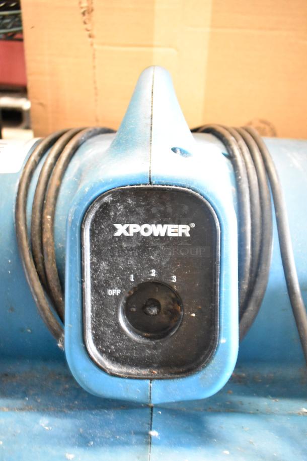 Xpower P-400 Air Mover Floor Fan, 115 volts, 1 phase, blue with power settings 1-3. Used condition.