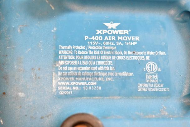 Xpower P-400 Air Mover Floor Fan, blue, 115V, 1/4 HP. Label with specs and warnings. Serial No: 1003230.