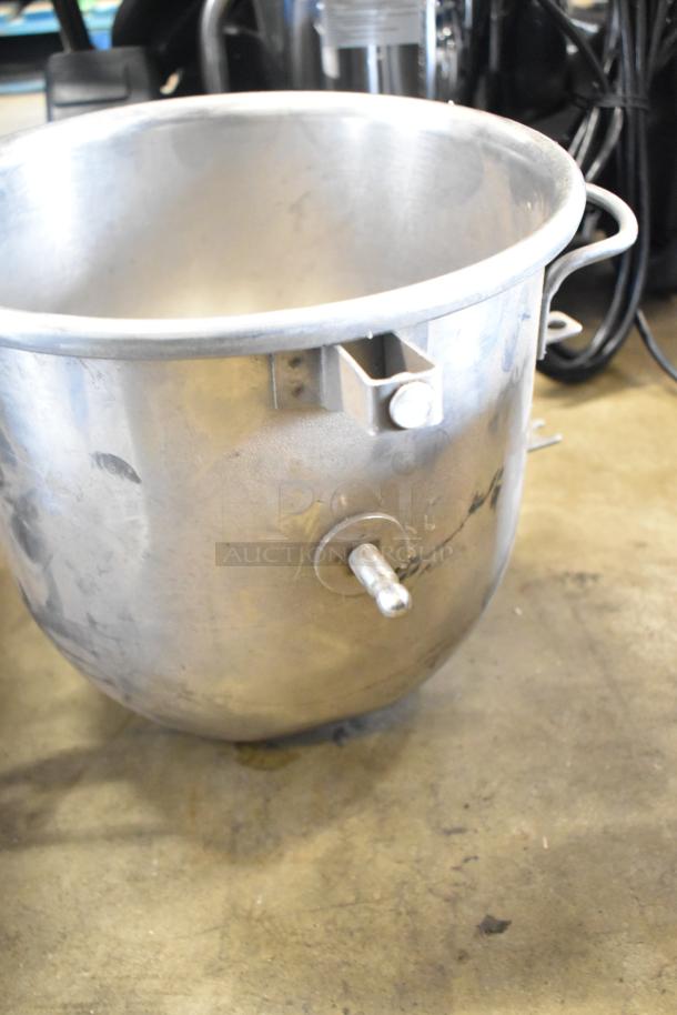 Aluminum commercial mixing bowl, sturdy handles, visible connector, used condition. Includes 2 mixing bowls, 2 paddles per lot.