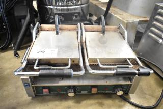 Waring WPG300 Commercial Double Panini Press, 240 Volts, 1 Phase. Slight rust visible; control panel with temperature settings.