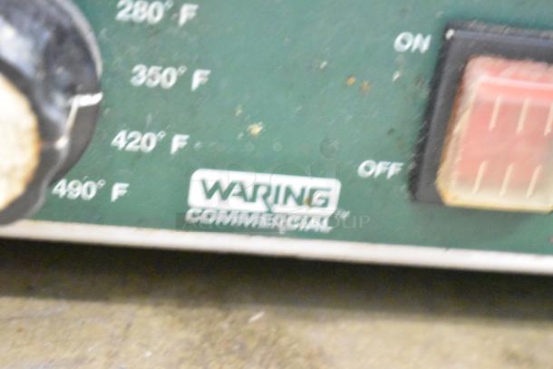 Waring WPG300 Commercial Panini Press, countertop model, visible temperature settings, labeled "Waring Commercial."