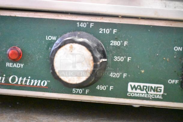 Waring WPG300 Commercial Double Panini Press, featuring temperature dial, 240 volts, used condition.