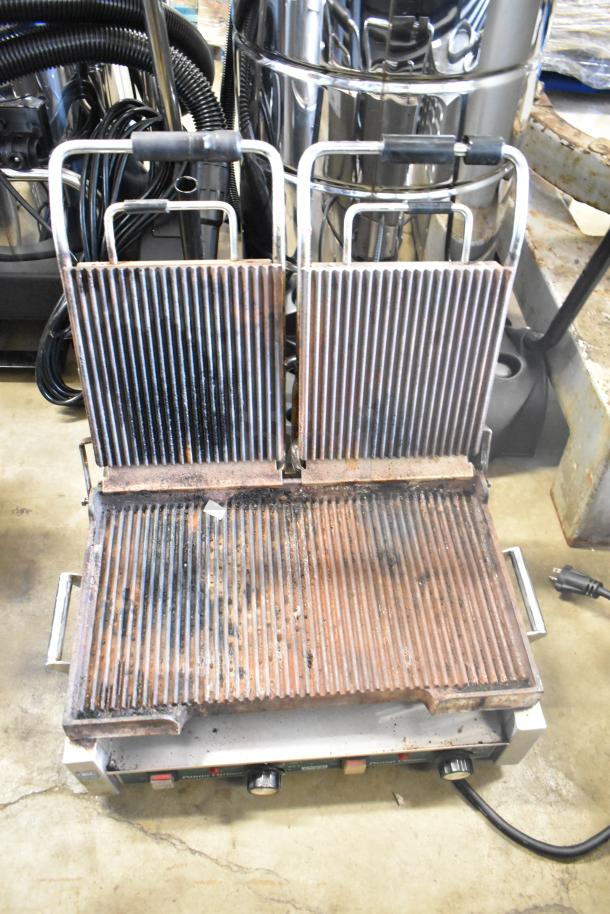 Waring WPG300 Commercial Double Panini Press, cast iron plates, used condition, 240V, 1 Phase, countertop model.