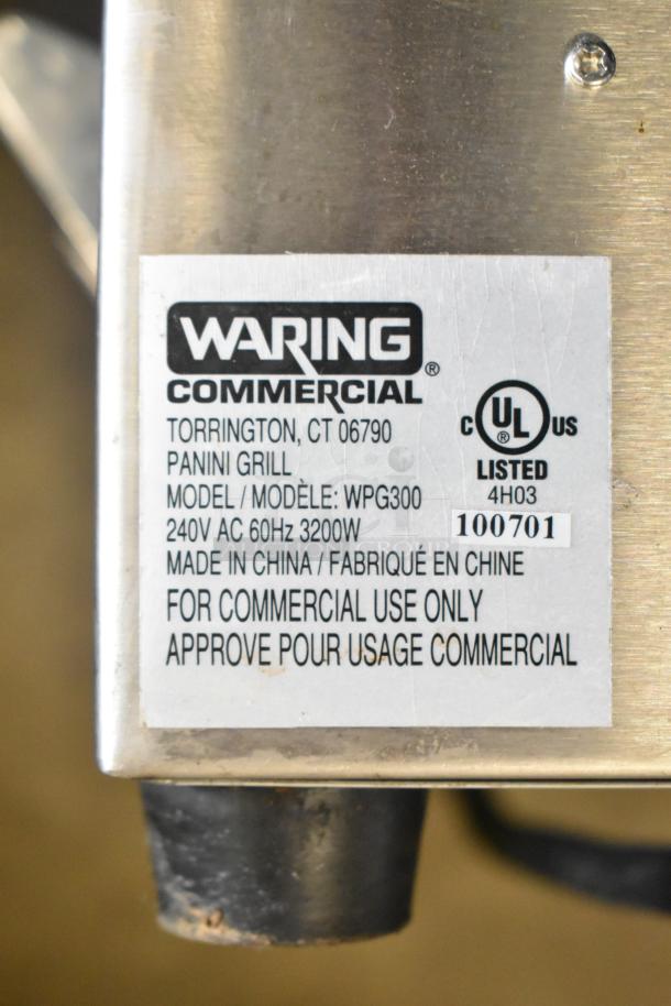 Waring WPG300 Commercial Double Panini Press, 240V, 1 Phase, metal label showing specifications, made in China.