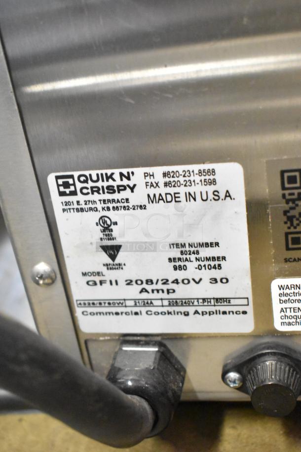 BRAND NEW QNC GFII Quik N Crispy Fryer, ventless, greaseless, 208/240V, commercial use, stock picture with label showing model and voltage details.