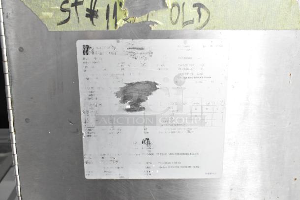 Middleby Marshall PS638G pizza oven label, showing model number, various details partially obscured, on metal surface.