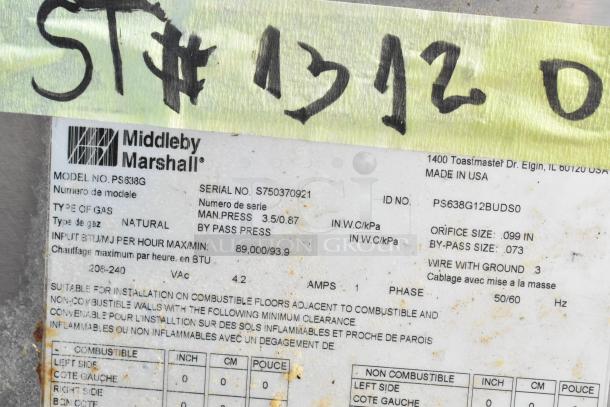 Middleby Marshall PS638G label, showing model, serial number S750370921, natural gas type, 89,000 BTU, made in USA.