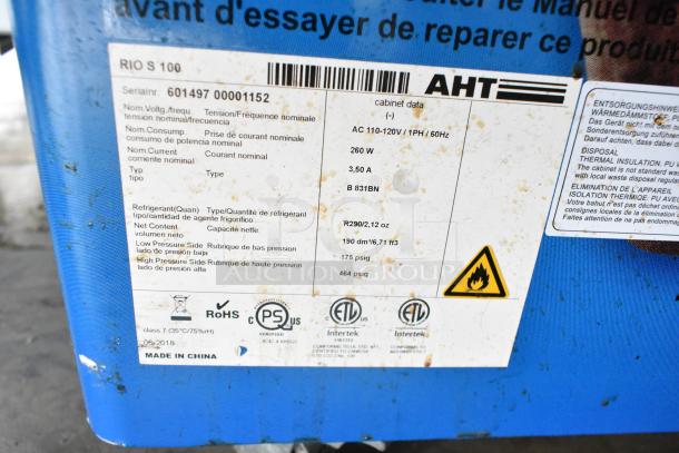 AHT RIO S 100 ice cream freezer label, detailing specs: 115 volts, 1 phase, refrigerant R290, net content 190 dm³.