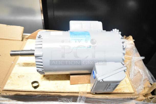 Brand new Weg Z00218ET1C052721 motor, 230 volts, scratch and dent condition, visible labels, on wood pallet.