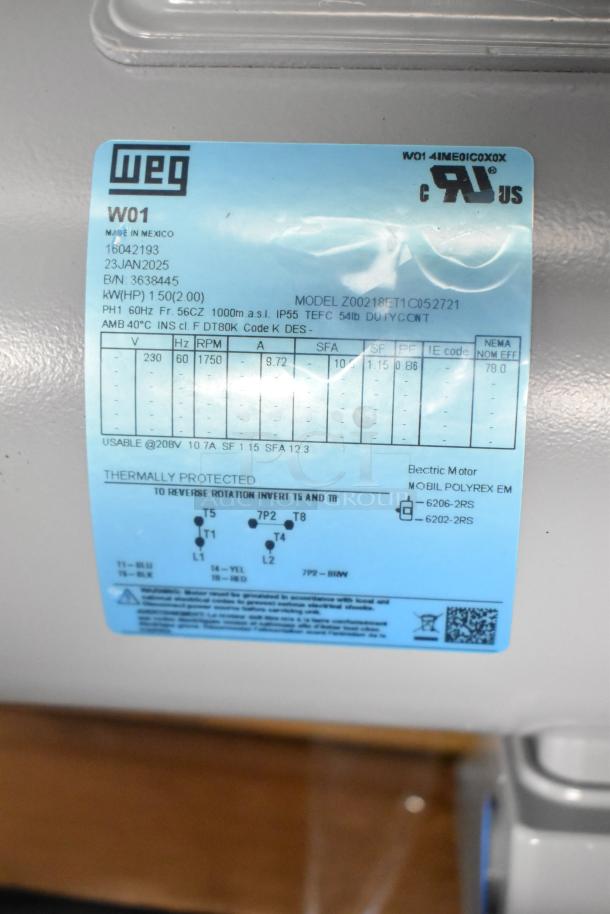 Brand new Weg 2025 motor, model Z00218ET1C052721, 230V, scratch and dent condition, with specifications label.