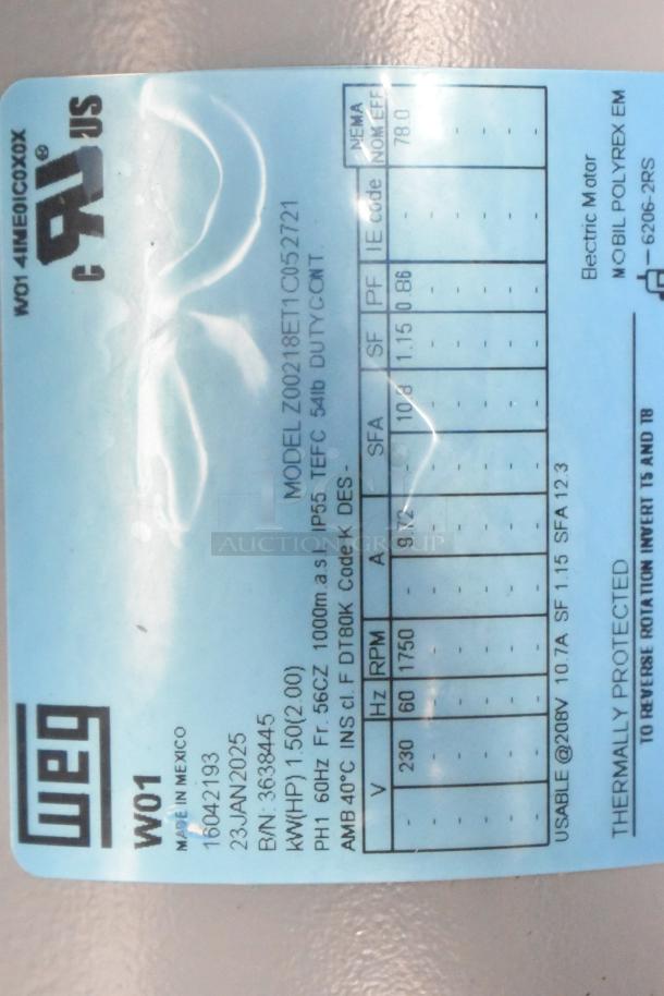 BRAND NEW 2025 Weg Z00218ET1C052721 Motor, 230V, 1750 RPM. Scratch and dent condition, thermal protection, detailed label shown.