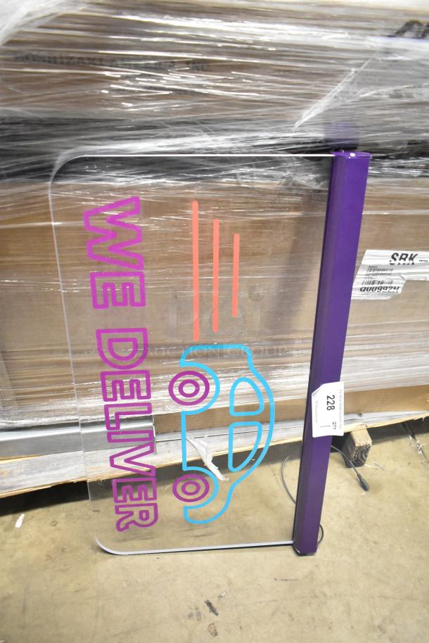 Brand new Cima Light, 120V, 1 Phase. "We Deliver" graphic. Scratch and dent condition. Purple frame, item tag marked "228 QTY 01".
