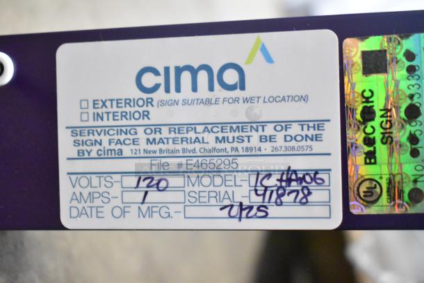 Cima Light label showing specs: 120 Volts, 1 Phase, Model C11606, Serial 47878, dated 2/25. Exterior/Interior use. Brand new condition.
