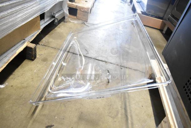 Clear polycarbonate lid in scratch and dent condition, showcasing reflective surface. Accompanies metal bowl, sold as a pair.