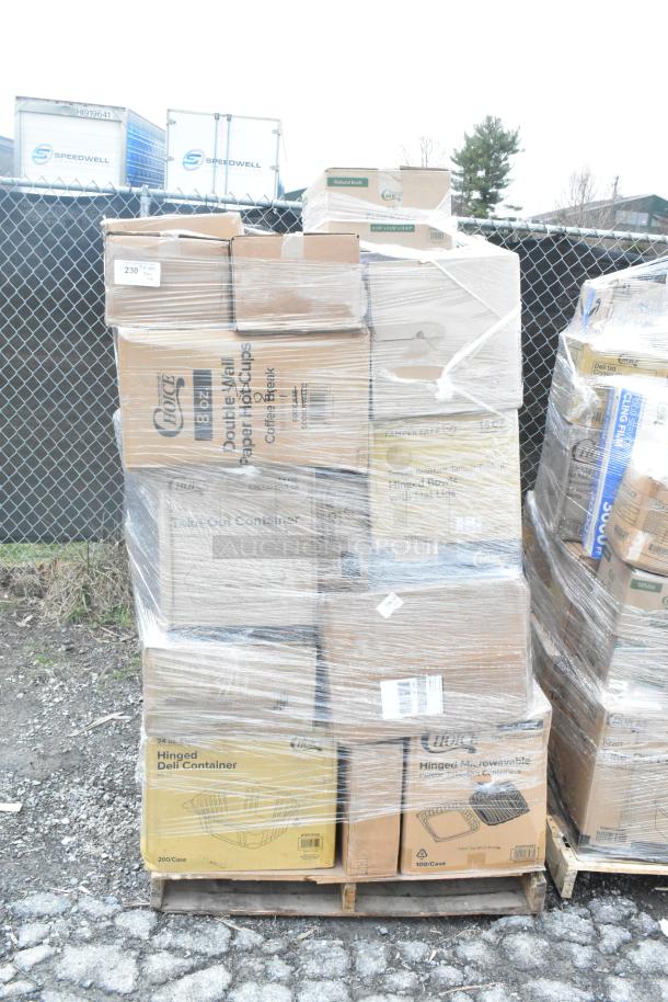 Stack of 34 new items including napkins, containers, toilet paper, and cups on wooden pallet. Some boxes labeled "Hinged Deli Container" and "Disposable Cups," shrink-wrapped for auction.