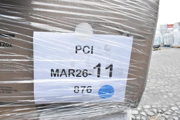 Plastic-wrapped pallet labeled "PCI MAR26-11 876," containing 34 brand new scratch and dent items, including napkins and containers.