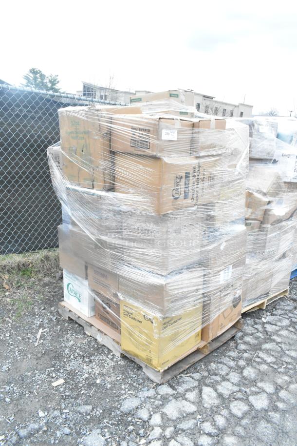 Pallet of 34 new scratch and dent items including napkins, containers, toilet paper, and cups, shrink-wrapped, labeled "Choice."