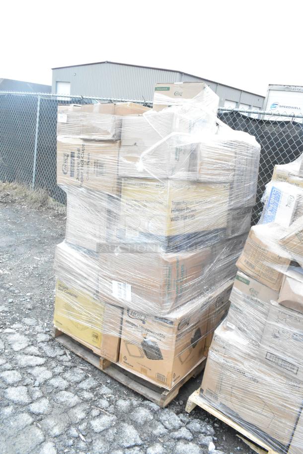 Pallet of 34 scratch and dent hygiene items, including napkins, containers, toilet paper, cups, wrapped in plastic.
