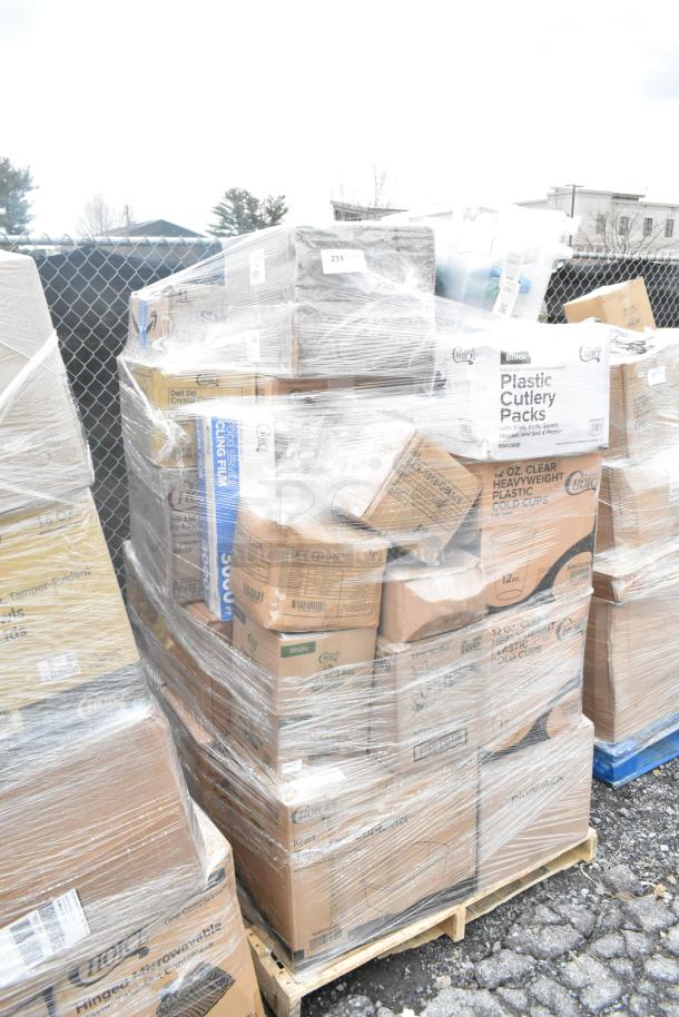 Pallet of 28 brand new, scratch and dent items including containers and hot cups, wrapped in plastic. Mixed box labels visible.