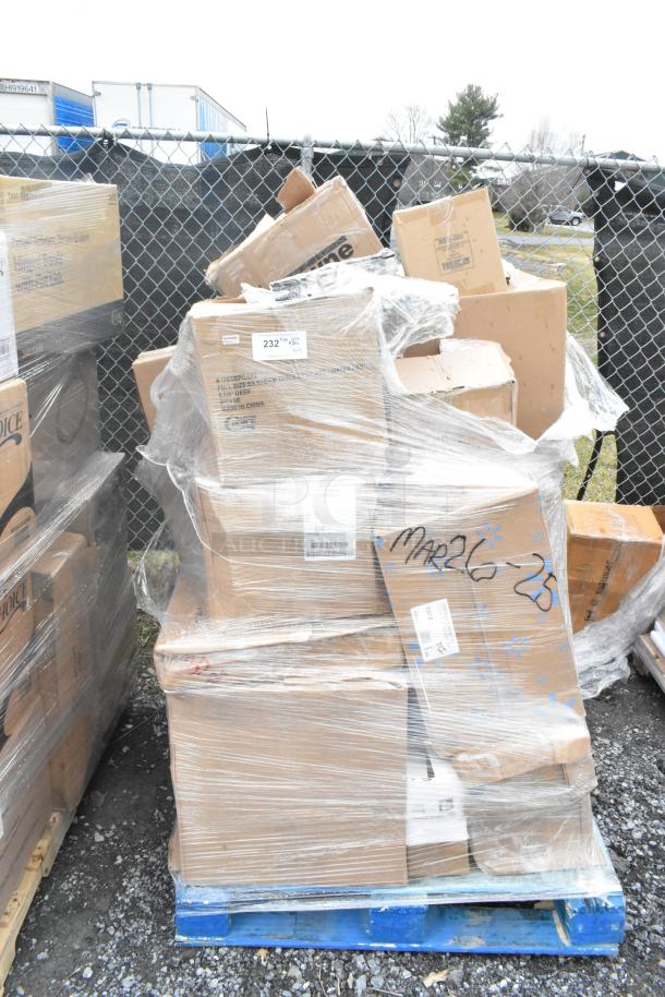 Pallet of 25 assorted scratch and dent items wrapped for auction. Includes cutting board, towel dispenser, boxes labeled "MAR26-25."