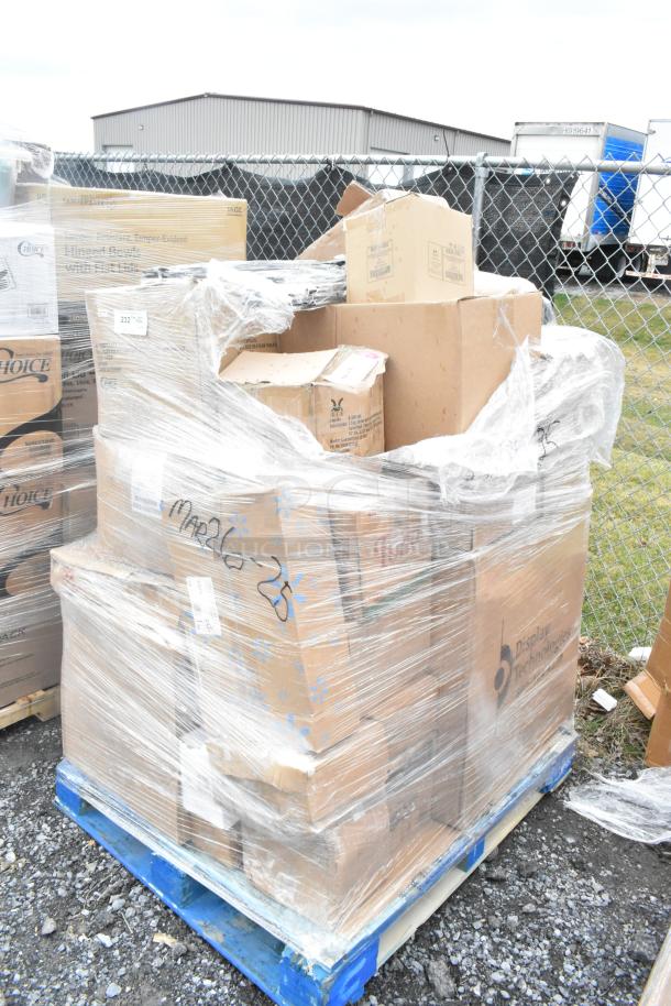 Pallet with 25 new scratch and dent items, including cutting board and cookware, wrapped in plastic. Labeled "MAR26-25."