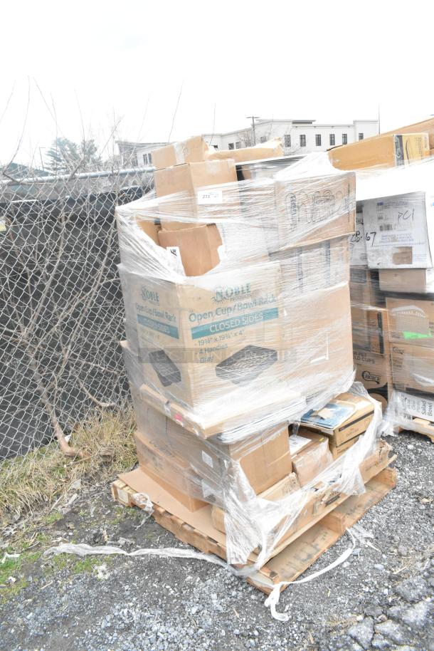 Pallet of 30 new scratch and dent items including mason jars, casters, plates, shrink-wrapped for auction.