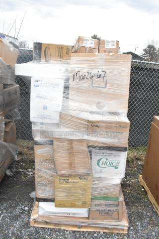 Pallet of 41 brand new scratch and dent items including towels, lids, containers, and cold cups. Marked "Mar26-67."