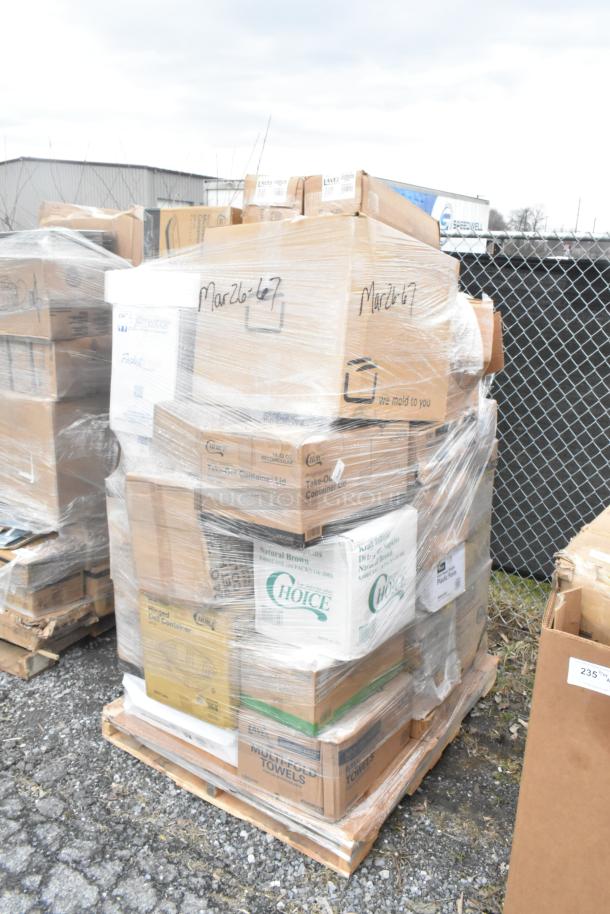 Palette of 41 brand new scratch and dent items, including towels, lids, containers, and cold cups. Boxes labeled "MAR26-67".