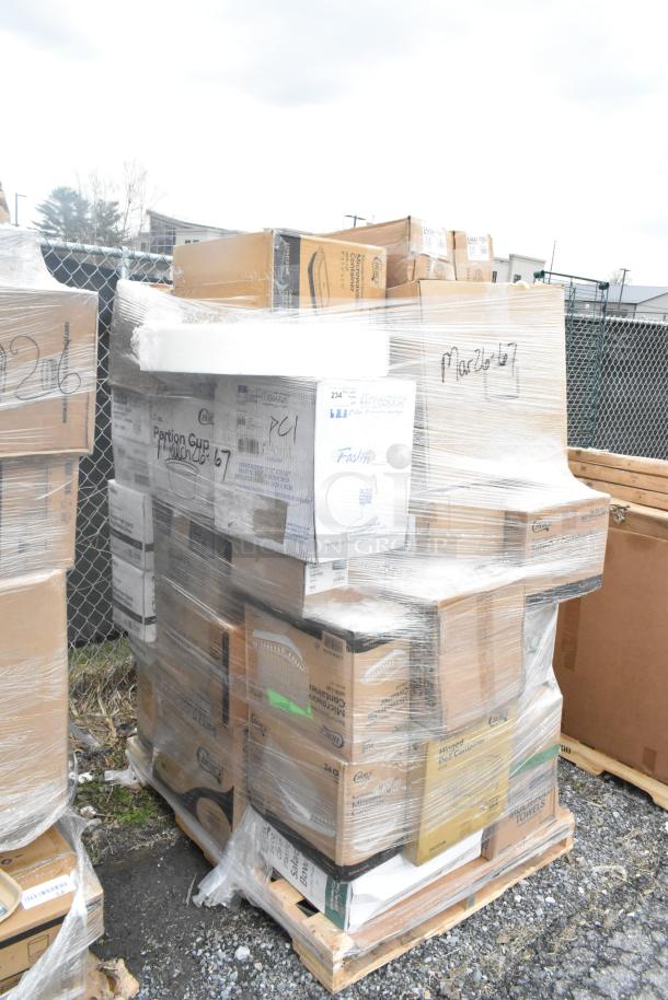 Pallet of 41 new scratch and dent items, including towels, lids, containers, and cold cups. Wrapped and labeled "MAR26-67."