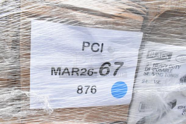 Plastic-wrapped pallet with label "MAR26-67." Contains 41 mixed scratch and dent items: towels, lids, containers, cold cups.