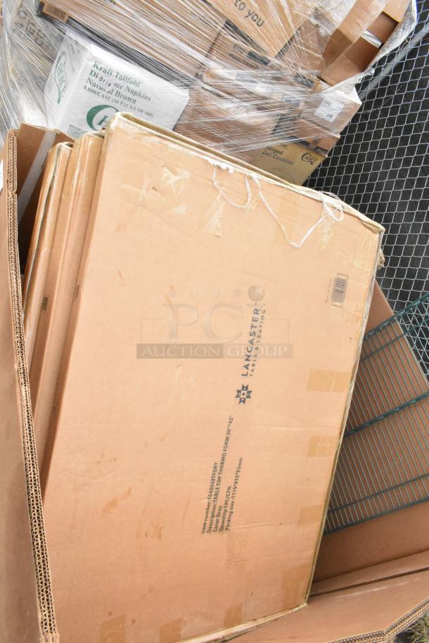Boxes of Lancaster Table & Seating items, including table base pieces and waitress stand, scratch and dent condition.