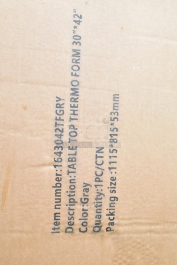 Cardboard box label for table top thermo form, item 1643042TFGRY, gray color, 30"x42", quantity 1 per carton.