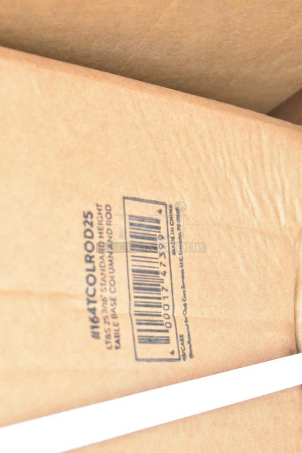 Cardboard box with label "#164TCOLROD25, 25 3/16" Standard Height Table Base Column and Rod, Made in China."