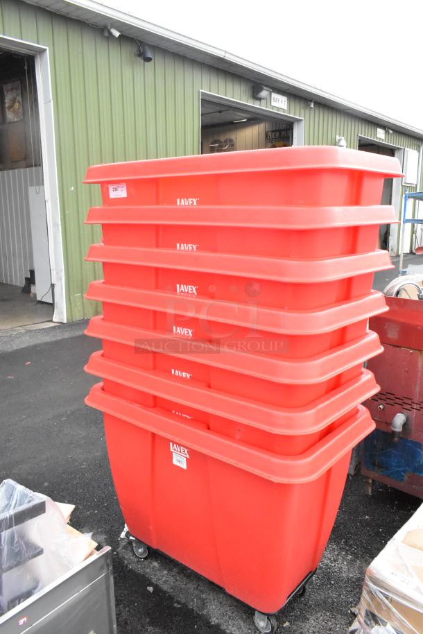 Red Lavex 47512RSRDTUB cube trucks, 12 cu. ft., 600 lb capacity, stacked outdoors. New, scratch and dent condition.