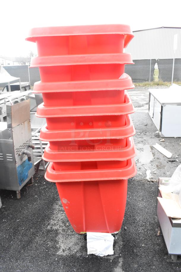 7 Lavex 47512RSRDTUB 12 cu. ft. cube trucks, brand new scratch and dent, 600 lb capacity, red, stack view.