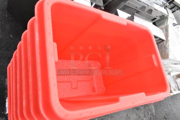 Seven brand new Lavex 47512RSRDTUB red cube trucks. Capacity 12 cu. ft., 600 lb. Scratch and dent condition.