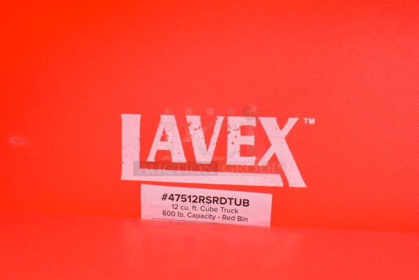 Lavex 47512RSRDTUB Cube Truck, 12 cu. ft., 600 lb capacity, red bin. New, scratch and dent. 7 items total in auction.