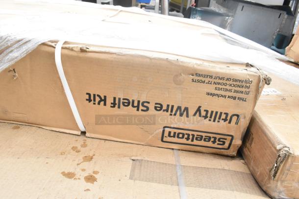 Steelton utility wire shelf kit in original packaging with visible box damage, labeled "Brand New Scratch and Dent."