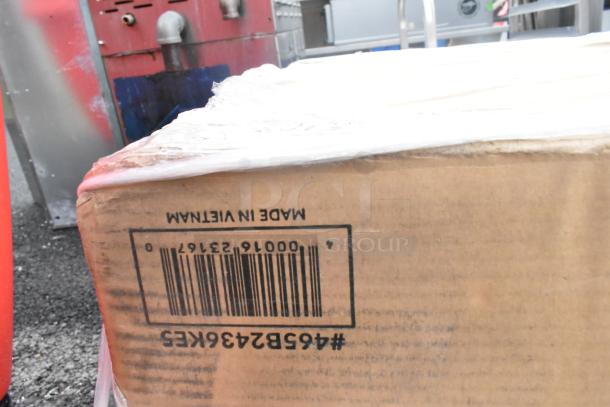 Box with label reads "Made in Vietnam" and barcode #465B2436KE5. Contains scratch and dent items, including cabinet and shelf kit.