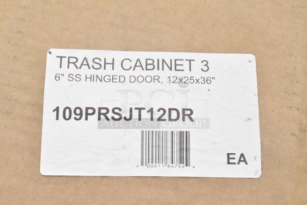 Label on carton showing "Trash Cabinet 3," dimensions 12x25x36 inches, model 109PRSJT12DR, indicating item specifics.