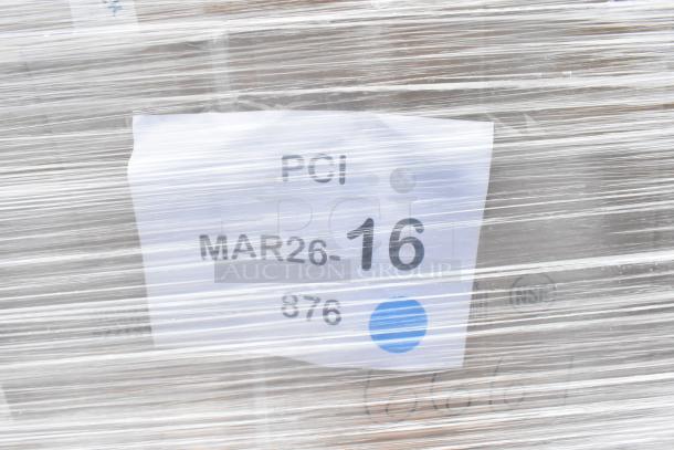 Shrink-wrapped pallet with label "POI MAR26-16," containing 4 new scratch and dent items, including a work table.