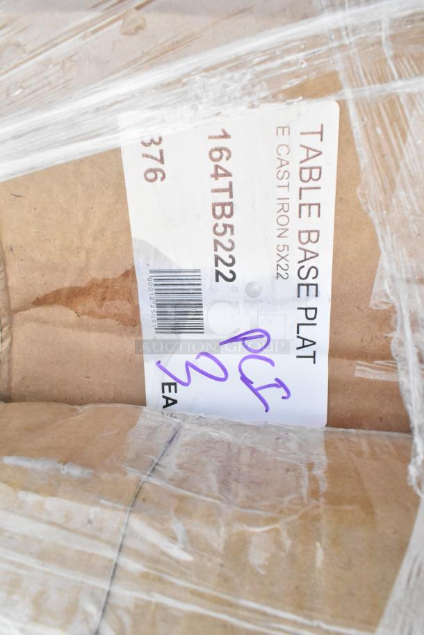 Label on cardboard reads "TABLE BASE PLATE CAST IRON 5X22" with model "164TB5222" and the writing "PCL 3".