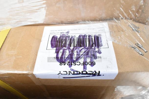 Box with Regency label, showing barcode and item code 600FC51248, wrapped in clear plastic and secured with yellow strap.